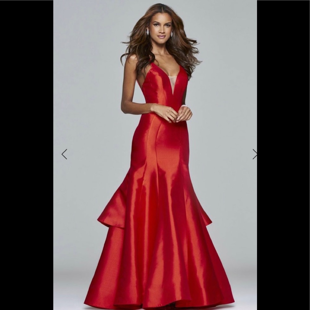 Faviana v-neck ball gown with ruffle over skirt